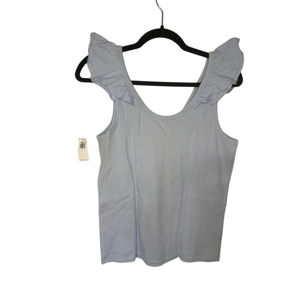 Old Navy Womens Blue Ribbed Tank Top Sleeveless Ruffle‎ Shoulders Casual L - Picture 2 of 7